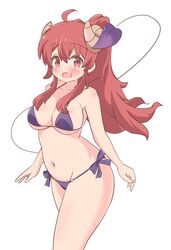  :d ahoge alternate_hairstyle arms_at_sides bad_id bad_pixiv_id bikini blush bow breasts cleavage collarbone commentary cowboy_shot female floating_hair hair_between_eyes hair_over_breasts halterneck happy large_breasts long_hair looking_at_viewer machikado_mazoku oerba_yun_fang open_mouth pon_sugar ponytail purple_bikini purple_bow red_eyes red_hair side-tie_bikini_bottom sidelocks simple_background skin_fang smile solo standing swimsuit tail tareme thighs very_long_hair wavy_hair white_background yoshida_yuuko_(machikado_mazoku) 