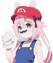  animal_ears bare_shoulders black_bow black_choker blue_eyes blue_hair bow cabbie_hat choker closed_mouth collarbone commentary_request cosplay fake_facial_hair fake_mustache female gloves hair_between_eyes hairbow hand_up hat highres indie_virtual_youtuber long_hair mario mario_(cosplay) mario_(series) meito_(maze) mitsuki_shio multicolored_hair overalls pink_hair rabbit-shaped_pupils rabbit_ears red_hat simple_background solo streaked_hair symbol-shaped_pupils two_side_up upper_body virtual_youtuber white_background white_gloves 