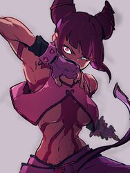  black_hair blue_eyes breasts cone_hair_bun double_bun female fingerless_gloves gloves grey_background hair_bun heterochromia juri_han kemachiku looking_at_viewer medium_breasts navel pink_gloves red_eyes short_hair simple_background street_fighter street_fighter_6 underboob 