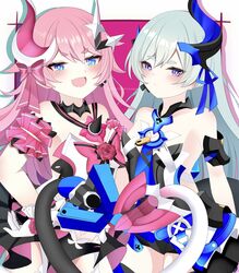  2girls :d absurdres bare_shoulders black_leotard blue_eyes blue_ribbon blush closed_mouth collarbone commentary_request drop_shadow flower gloves green_hair hair_between_eyes highres honkai_(series) honkai_impact_3rd leotard liliya_olenyeva long_hair looking_at_viewer marutaro multiple_girls oerba_yun_fang pink_background pink_flower pink_hair pink_rose purple_eyes ribbon rose rozaliya_olenyeva short_eyebrows smile tail thick_eyebrows two-tone_background very_long_hair white_background white_gloves 