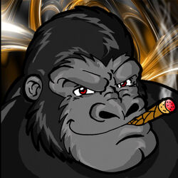  1:1 2008 abstract_background anthro ape black_body black_fur cigar cigar_in_mouth cigar_smoke dan_the_bear face_focus fur gor_(tomcat) gorilla grey_body grey_skin haplorhine looking_at_viewer male mammal object_in_mouth portrait primate red_eyes smile smiling_at_viewer smirk smirking_at_viewer smoke smoking solo 