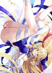  absurdres artoria_caster_(fate) artoria_caster_(swimsuit)_(fate) artoria_caster_(swimsuit)_(third_ascension)_(fate) artoria_pendragon_(fate) bare_shoulders blonde_hair blue_one-piece_swimsuit blue_ribbon blush bow breasts detached_sleeves facial_mark fate/grand_order fate_(series) female forehead_mark green_eyes hair_ornament hair_ribbon highleg highleg_swimsuit highres large_breasts legs_up looking_at_viewer medium_breasts misaki346 one-piece_swimsuit ribbon solo swimsuit white_bow wide_sleeves 