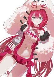  baobhan_sith_(fate) baobhan_sith_(swimsuit_pretender)_(fate) baobhan_sith_(swimsuit_pretender)_(first_ascension)_(fate) bare_shoulders bow breasts cernunnos_(fate) character_hood detached_collar fangs fate/grand_order fate_(series) female fur-trimmed_jacket fur_trim grey_eyes hand_up headwear_with_attached_mittens highres jacket kei201107 long_hair looking_at_viewer microskirt navel open_mouth pink_hair pointy_ears red_bow red_skirt sidelocks skirt smile solo thighs white_background white_headwear white_jacket 