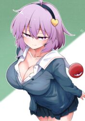  alternate_costume blue_cardigan blue_skirt blush breasts bright_pupils cardigan cleavage disembodied_eye female highres komeiji_satori large_breasts light_smile looking_at_viewer miniskirt open_collar pink_eyes pleated_skirt purple_hair scavia10 school_uniform skirt solo third_eye touhou white_pupils 