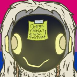  1:1 anime_kubrick_stare anthro bisexual_pride_colors blank_stare flag glowing glowing_eyes hi_res humanoid lgbt_pride long_ears lustdevil machine male meme post-it_note pride_color_background pride_colors protogen robot robot_humanoid simple_background solo tape text visor 