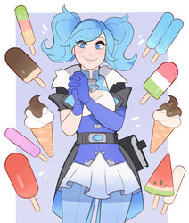  absurdres asymmetrical_gloves blue_eyes blue_gloves blue_hair blue_pants book breasts cleavage commentary cowboy_shot elbow_gloves evie_(paladins) eyes_visible_through_hair female food gloves highres ice_cream_cone medium_breasts miniskirt own_hands_clasped own_hands_together paladins pants pants_under_skirt popsicle single_elbow_glove skirt smile solo splashbrush twintails watermelon_bar 