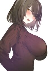  arknights black_sweater blush breasts brown_hair commentary female hair_between_eyes impossible_clothes impossible_sweater large_breasts long_sleeves looking_at_viewer magallan_(arknights) multicolored_hair open_mouth otsumami_(02mami) red_sweater ribbed_sweater short_hair simple_background solo streaked_hair sweater upper_body white_background yellow_eyes 