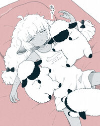  ahoge animal_ears bow clothes_writing collarbone commentary_request female hairbow hand_up horizontal_pupils hot long_hair low_twintails lying monochrome on_back original parted_lips pillow sheep sheep_ears sheep_girl solo sweat terayamaden translation_request twintails twitter_username undersized_animal 