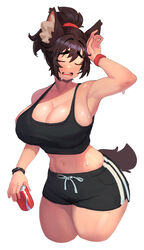  animal_ears black_shorts black_sports_bra breasts brown_hair can closed_eyes dog_ears dog_girl dog_tail drink_can female hairband haru_feng highres holding holding_can large_breasts original short_hair shorts simple_background smartwatch soda_can sports_bra sportswear sweat sweatdrop tail thick_thighs thighs vicky_wang_(haru_feng) watch white_background wristwatch 