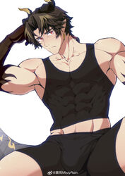  1boy absurdres arknights bara black_male_underwear black_skin black_tank_top boxers bulge chong_yue_(arknights) colored_extremities colored_skin daziran_de_duqiyan dragon_boy dragon_horns dragon_tail gradient_skin highres horns looking_at_viewer male_focus male_underwear midriff_peek multicolored_hair muscular muscular_male pectoral_cleavage pectorals pointy_ears sidepec solo sparse_navel_hair spread_legs streaked_hair tail tank_top thick_eyebrows thick_thighs thighs underwear 