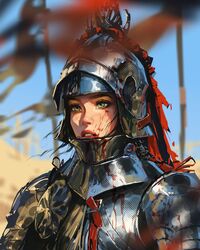  armor bevor blood blood_on_armor blood_on_face blurry blurry_background blurry_foreground breastplate commentary cuirass english_commentary female freckles full_armor green_eyes helmet highres knight original parted_lips pauldrons plate_armor rondel sallet sam_yang shoulder_armor solo teeth upper_body visor_(armor) visor_lift 