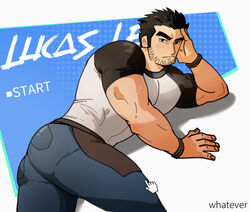  1boy anoko_nai apron ass bara beard_stubble black_hair computer_mouse denim elbow_rest facial_hair feet_out_of_frame highres huge_eyebrows jeans large_pectorals light_blush looking_at_viewer lucas_lee lying male_focus muscular muscular_male on_side pants pectorals scott_pilgrim_(series) scott_pilgrim_takes_off shirt short_hair short_sleeves smile solo stubble t-shirt tight_clothes tight_shirt waist_apron 