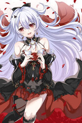  :d asymmetrical_legwear bare_shoulders bat_hair_ornament black_bow black_dress bow breasts cleavage detached_sleeves dress earrings fangs female flower frills hair_between_eyes hair_ornament hairbow highres holding honkai_(series) honkai_impact_3rd jewelry long_hair long_sleeves looking_at_viewer oerba_yun_fang open_mouth petals red_eyes red_flower red_rose rose rose_petals single_thighhigh smile solo theresa_apocalypse theresa_apocalypse_(luna_kindred) theresa_apocalypse_(lunar_vow:_crimson_love) thighhighs ufotram vampire white_hair 