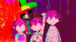  2boys alternate_hair_color arm_up aubrey_(headspace)_(omori) aubrey_(omori) blurry brothers crayon_(medium) faceless feline female glitch hero_(headspace)_(omori) hero_(omori) horror_(theme) kel_(headspace)_(omori) kel_(omori) lolicon looking_at_viewer multiple_boys no_eyes no_mouth no_nose noose omori pajamas pink_hair rope siblings sun_iiinu symbolism traditional_media 