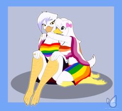  absurd_res adults aged_up anatid anseriform anthro avian bedding big_breasts bird blanket blueondrive bottomwear breasts butch/femme clothing disney duck ducktales ducktales_(2017) duo feathers female female/female flag hi_res hug intimate lena_(ducktales) lesbian_couple lesbian_pride_colors lgbt_pride multicolored_bottomwear multicolored_clothing multicolored_skirt multicolored_topwear non-mammal_breasts orange_lesbian_pride_colors pride_color_bottomwear pride_color_clothing pride_color_flag pride_color_skirt pride_color_topwear pride_colors rainbow_pride_colors romantic romantic_couple shirt shorts side_boob six-stripe_rainbow_pride_colors skirt tank_top tomboy topwear wearing_flag webby_vanderquack white_body white_feathers 