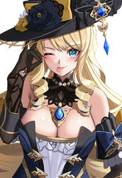  absurdres bare_shoulders black_dress black_gloves black_hat blonde_hair blue_eyes blush breasts cleavage commentary detached_collar detached_sleeves dress drill_hair drill_sidelocks elbow_gloves female genshin_impact gloves hat highres jewelry large_breasts long_hair looking_at_viewer navia_(genshin_impact) necklace one_eye_closed s_redbutterfly sidelocks simple_background solo strapless strapless_dress swept_bangs tongue tongue_out white_background 