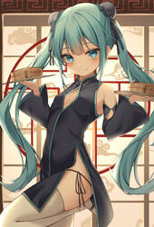  absurdres alternate_costume aqua_hair bamboo_steamer bare_shoulders black_dress black_ribbon black_sleeves blue_eyes breasts bun_cover china_dress chinese_clothes closed_mouth commentary detached_sleeves double_bun dress female hair_bun hair_ribbon hands_up hatsune_miku highres holding holding_plate indoors leg_up long_hair long_sleeves looking_at_viewer meandros panties panty_peek plate ribbon ryaru_ryaru short_dress side-tie_panties side_slit sidelocks sleeveless sleeveless_dress small_breasts smile solo standing standing_on_one_leg thighhighs twintails underwear very_long_hair vocaloid white_thighhighs whorled_clouds wide_sleeves 