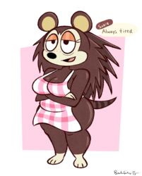  2023 3_toes animal_crossing anthro apron apron_only arm_under_breasts barefoot big_breasts black_nose breasts brown_body brown_quills cleavage clothed clothing crossed_arms dialogue digital_drawing_(artwork) digital_media_(artwork) english_text eulipotyphlan eye_bags eyelashes feet female full-length_portrait half-closed_eyes hedgehog hi_res hindpaw imrachets leg_markings lidded_eyes mammal markings mostly_nude narrowed_eyes nintendo open_mouth open_smile paws pink_background portrait quills_(anatomy) red_apron red_clothing sable_able signature simple_background slightly_chubby slightly_chubby_female smile socks_(marking) solo speech_bubble standing striped_markings striped_tail stripes tail tail_markings text thick_thighs tired toes wide_hips 