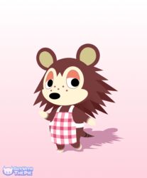  2023 animal_crossing anthro apron apron_only brown_body clothing eulipotyphlan female freckled_face freckles guywiththepie hedgehog hi_res lidded_eyes looking_at_viewer mammal mostly_nude nintendo pink_background red_apron red_clothing sable_able simple_background solo 