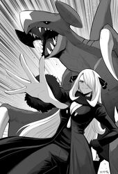  absurdres black_sclera breasts cleavage colored_sclera cynthia_(pokemon) dragon female fur-trimmed_sleeves fur_collar fur_trim garchomp gegegekman gills greyscale hair_ornament hair_over_one_eye hammerhead_shark hand_on_own_hip highres jacket long_hair monochrome one_eye_covered outstretched_hand pokemon pokemon_(creature) pokemon_dppt shark_fin sharp_teeth smile teeth wings 