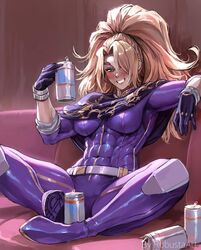  blonde_hair blush bodysuit boots bracelet can commission couch crossed_legs dungeons_and_dragons female freckles gloves green_eyes hair_over_eyes highres jewelry long_hair muscular muscular_female purple_bodysuit robusta_mania scarf sleeves_rolled_up solo 