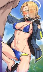  1boy beach bikini black_gloves blonde_hair blue_archive blue_bikini blue_sky blush breasts commentary_request day female fingerless_gloves gloves grin halo highres jacket long_sleeves looking_at_viewer mask mask_pull mouth_mask navel open_clothes open_jacket orange-tinted_eyewear outdoors paid_reward_available seaside_sukeban_(mg)_(blue_archive) sharp_teeth shinovi sky smile solo_focus spiked_gloves spread_legs sunglasses sweat swimsuit teeth tinted_eyewear 