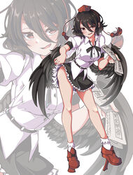  absurdres bare_hips bare_legs bird_wings black_hair black_skirt black_wings blush breasts buttons clothes_lift collared_shirt feathered_wings female frilled_skirt frills geta gokuu_(acoloredpencil) hat highres holding holding_newspaper large_breasts looking_at_viewer miniskirt newspaper oerba_yun_fang open_mouth puffy_short_sleeves puffy_sleeves red_eyes red_footwear red_hat shameimaru_aya shirt shoes short_hair short_sleeves skin_fang skirt skirt_lift skirt_tug smile socks solo tengu-geta tokin_hat touhou white_shirt white_socks wings zoom_layer 