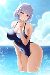  black_one-piece_swimsuit breasts cleavage cloud covered_navel cowboy_shot female finger_to_mouth girls&#039;_frontline grey_hair hand_on_own_leg highleg highleg_swimsuit highres large_breasts looking_at_viewer one-piece_swimsuit parted_lips purple_eyes rpk-16_(girls&#039;_frontline) short_hair shushing sky solo sun swimsuit water yan_kodiac 