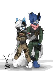  absurd_res blue_hair bulletproof_vest canid canine clothing domestic_cat duo felid feline felis female fox fur grey_body grey_fur hair hi_res hz_(hz_foxy) hz_foxy indonesia malaysian male male/female mammal military military_uniform smile soldier uniform warrior white_body white_fur 