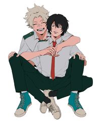  2boys bags_under_eyes bandaid bandaid_on_face bandaid_on_nose black_hair black_pants black_socks blue_footwear boku_no_hero_academia closed_eyes eraser_head_(boku_no_hero_academia) grin hair_between_eyes hands_on_own_knees highres hug hug_from_behind loud_cloud male_focus multiple_boys necktie pants red_necktie rnuyvm school_uniform shoes short_hair simple_background smile sneakers socks u.a._school_uniform white_background white_footwear white_hair yaoi 