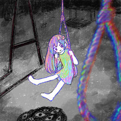  aubrey_(headspace)_(omori) aubrey_(omori) bow crayon_(medium) disembodied_eye dress female hairbow holding holding_rope lolicon long_hair looking_at_viewer multicolored_clothes multicolored_hair noose official_style omocat_(style) omori partially_colored playground rope short_sleeves smile solo sun_iiinu swing_set traditional_media 