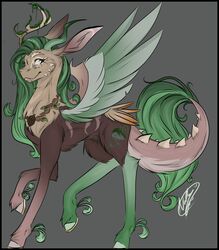  2023 ambiguous_gender antlers black_border border brown_body brown_ears brown_fur brown_inner_ear chimera cutie_mark discord_(mlp) draconequus equid equine eyebrows eyelashes feathers feral fluttershy_(mlp) friendship_is_magic fur fusion gold_horseshoe green_body green_eyes green_feathers green_fur green_hair green_hooves green_horn green_mane green_wings grey_background hair hasbro hi_res hooves horn horseshoe hybrid jewelry leaf looking_aside mammal mane moss mouth_closed multicolored_body multicolored_fur my_little_pony mythological_creature mythological_equine mythology necklace pegasus plant side_view signature simple_background snaggle_tooth solo standing sweetvixenarts tan_antlers tan_body tan_feathers tan_fur tan_hooves tan_wings teeth white_eyebrows wings yellow_body yellow_feathers 