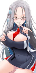  azur_lane bare_shoulders between_breasts blue_cloak blush breasts cleavage cloak collarbone collared_dress dress female glasses grey-framed_eyewear grey_hair hair_between_eyes hair_ornament hashtag-only_commentary highres large_breasts long_hair long_sleeves looking_at_viewer mikuchi3939 navel necktie necktie_between_breasts red_necktie ribbed_sleeves semi-rimless_eyewear shangri-la_(azur_lane) simple_background smile snowflake_hair_ornament snowflake_pin solo very_long_hair white_hair yellow_eyes 