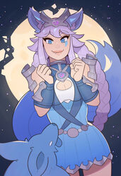  absurdres animal_ears arm_guards armor blue_eyes braid breasts cleavage cleavage_cutout clenched_hands clothing_cutout dress facial_mark female fox_ears fox_girl fox_tail full_moon highres io_(paladins) long_hair luna_(paladins) medium_breasts moon oerba_yun_fang paladins purple_hair short_dress shoulder_armor splashbrush tail tiara twin_braids very_long_hair wolf 