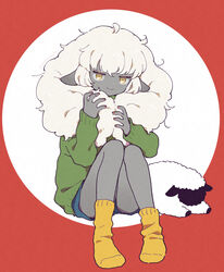  ahoge animal_ears bare_legs blue_shorts circle closed_mouth colored_skin commentary_request dot_nose female full_body green_sweater grey_skin hands_up holding_own_hair horizontal_pupils jitome knees_up long_hair long_sleeves looking_at_viewer no_shoes original red_nails sheep sheep_ears sheep_girl short_shorts shorts sitting smile smug socks solo sweater terayamaden twintails undersized_animal white_hair yellow_eyes yellow_socks 