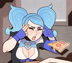  asymmetrical_gloves blue_eyes breasts cleavage cleavage_cutout closed_eyes clothing_cutout concentrating elbow_gloves emphasis_lines evie_(paladins) female fingerless_gloves fingers_to_head food gloves man_levitating_pizza_(meme) medium_breasts meme open_mouth paladins pizza pizza_box pizza_slice single_elbow_glove single_fingerless_glove solo splashbrush telekinesis twintails upper_body 