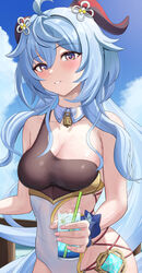  absurdres adapted_costume ahoge bare_arms bare_shoulders blue_hair blue_sky breasts cleavage cloud commentary cup day drinking_glass female ganyu_(genshin_impact) genshin_impact grin highres holding holding_cup horns ituka_kanau long_hair looking_at_viewer medium_breasts ocean one-piece_swimsuit parted_lips purple_eyes single-shoulder_one-piece_swimsuit single_strap sky smile solo standing swimsuit upper_body very_long_hair vision_(genshin_impact) water 