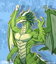  2019 absurd_res amber_eyes anthro arm_spikes belly_scales cygames dated digital_media_(artwork) dragalia_lost dragon fansl green_body green_hair green_scales hair hi_res horn male membrane_(anatomy) membranous_wings midgardsormr_(dragalia_lost) muscular muscular_arms muscular_male mythological_creature mythological_scalie mythology nintendo pecs pseudo_hair raised_arm scales scalie signature solo spikes spikes_(anatomy) standing tail weibo weibo_logo white_body white_horn white_scales wings 