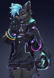  anthro bitterk4t bottomwear canid canine canis clothed clothing collar coyote fingerless_gloves gesture gloves hand_gesture handwear hi_res hoodie hotpants male mammal shorts simple_background solo streetwear techwear topwear v_sign 