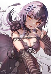  arpeggio_kaga belt black_belt black_dress black_hair black_nails breasts choker cleavage commentary dress female grey_hair highres hololive hololive_english lace lace-trimmed_choker lace_choker lace_trim large_breasts long_hair looking_at_viewer multicolored_hair orange_eyes shiori_novella shiori_novella_(1st_costume) simple_background sleeveless sleeveless_dress smile solo split-color_hair striped_arm_warmers tongue tongue_out virtual_youtuber white_background yorick_(shiori_novella) 