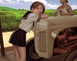  1boy brown_eyes brown_hair cigarette cloud female ford looking_at_viewer looking_back meadow miniskirt murata_renji outdoors pleated_skirt range_murata school_uniform seifuku serafuku short_hair skirt sky smile tattoo tractor 