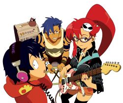  absurdres amber_eyes blue_hair boota gainax glasses guitar headphones highres instrument kamina long_hair pony_tail ponytail red_hair red_hair shorts simon tengen_toppa_gurren-lagann tengen_toppa_gurren_lagann thigh_highs thighhighs vector vector_trace yellow_eyes yoko yoko_littner yoko_littner 