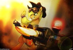 2012 applejack_(mlp) blonde_hair clothing cowboy_hat crossover cutie_mark earth_pony engineer_(team_fortress_2) english_text equid equine eyewear female feral freckles friendship_is_magic fur goggles green_eyes gun hair hasbro hat headgear headwear hi_res horse machine mammal my_little_pony orange_body orange_fur pony ranged_weapon robot sentry_gun_(team_fortress_2) solo tarantad0 team_fortress_2 text turret url valve weapon