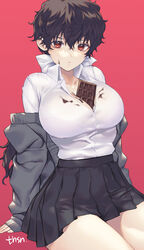  between_breasts bow bra_visible_through_clothes breasts brown_hair candy chocolate chocolate_bar chocolate_on_body chocolate_on_breasts cleavage collared_shirt female food food_on_body hair_between_eyes hairbow highres large_breasts long_hair long_sleeves looking_at_viewer miniskirt murata_tefu off_shoulder original pleated_skirt red_background red_eyes see-through see-through_shirt shirt simple_background sitting skirt thighs tight_clothes tight_shirt white_bow white_shirt 