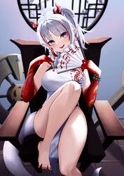  :d absurdres ahoge arknights bare_legs bare_shoulders barefoot breasts china_dress chinese_clothes commentary dress feet feet_on_chair female folding_fan foot_out_of_frame half_updo hand_fan head_tilt highres holding holding_fan horns indoors knee_up large_breasts legs long_hair looking_at_viewer multicolored_hair nail_polish nian_(arknights) nian_(unfettered_freedom)_(arknights) official_alternate_costume open_mouth pointy_ears purple_eyes red_hair red_nails round_window sleeveless sleeveless_dress smile solo spread_toes streaked_hair tail teeth toenail_polish toenails toes upper_teeth_only white_dress white_hair window yan_kodiac 