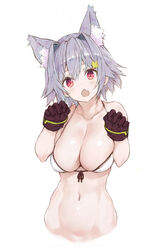  animal_ear_fluff animal_ears bare_shoulders bikini blush breasts brown_gloves cat_ears cleavage collarbone commentary extra_ears female front-tie_bikini_top front-tie_top gloves hair_intakes hair_ornament hairclip highres kantai_collection large_breasts looking_at_viewer navel open_mouth paw_pose red_eyes ryo_(tg290) short_hair simple_background solo swimsuit tama_(kancolle) tama_kai_ni_(kancolle) white_background 