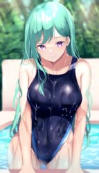  absurdres aqua_hair arm_support black_one-piece_swimsuit blurry blurry_background breasts competition_swimsuit covered_navel day dripping female green_hair hair_behind_ear highleg highleg_swimsuit highres kairi_(miry666) large_breasts light_rays light_smile long_hair looking_at_viewer one-piece_swimsuit outdoors pool purple_eyes solo swept_bangs swimsuit tree very_long_hair virtual_youtuber vspo! water wet wet_clothes yakumo_beni 