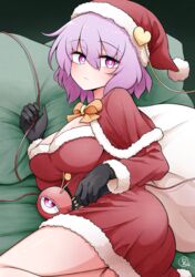  alternate_costume bare_legs black_gloves blush breasts bright_pupils capelet christmas dress feet_out_of_frame female fur-trimmed_capelet fur-trimmed_dress fur-trimmed_headwear fur_trim gloves hair_between_eyes hat highres komeiji_satori large_breasts looking_at_viewer lying on_side pink_eyes pink_hair red_capelet red_dress red_hat sack santa_costume santa_hat scavia10 short_hair solo third_eye touhou white_pupils 