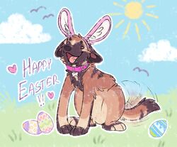  2023 ambient_bird ambiguous_gender black_nose blue_sky bone_collar_tag brown_body brown_eyes brown_fur canid canine canis cloud collar collar_tag detailed_background digital_drawing_(artwork) digital_media_(artwork) digitigrade domestic_dog dot_eyes ears_down easter easter_egg english_text exclamation_point fake_ears feral flat_colors full-length_portrait fur handwritten_text heart_symbol herding_dog hi_res holidays maligaytor malinois_dog mammal markings open_mouth open_smile outline paint_tool_sai_(artwork) pastoral_dog paws pink_collar pink_tongue pivoted_ears portrait sheepdog sitting sky smile solo sun tail tail_motion tailwag tan_markings text tongue white_outline woowoo_(maligaytor) 