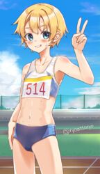  blonde_hair blue_buruma blue_eyes blue_sky blush buruma cameltoe day female grin highres iris_(ryou@ryou) looking_at_viewer navel original outdoors running_track ryou@ryou short_hair sky smile solo sports_bikini standing stomach sweat track_uniform v 